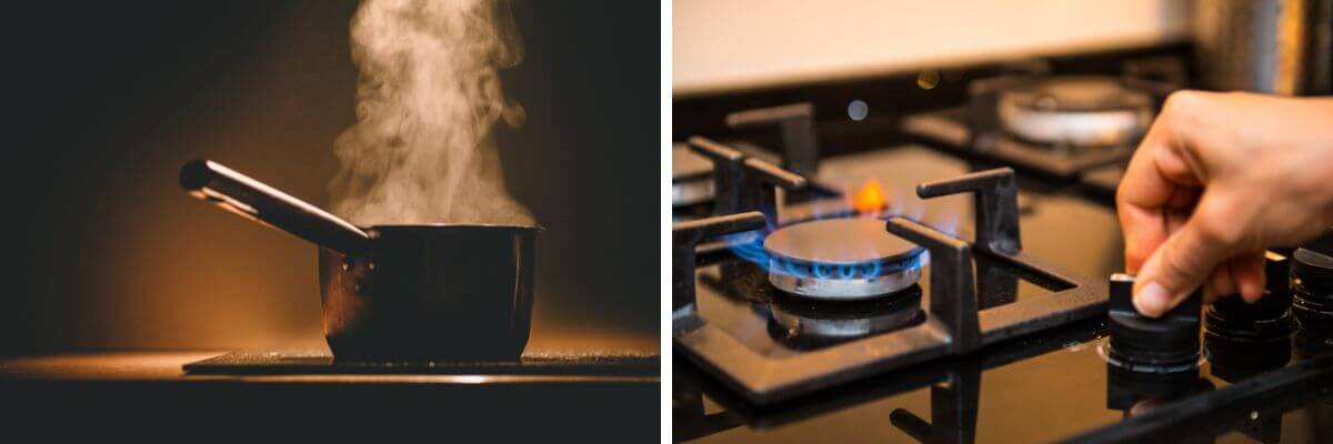 Steaming pot on left; gas burner on right lit