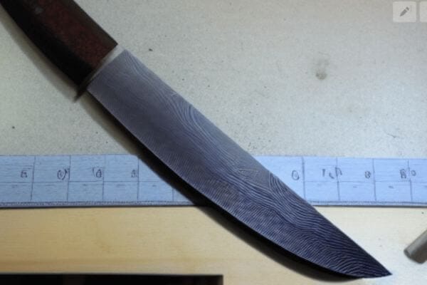 Damascus kitchen knife laid over a metal scale