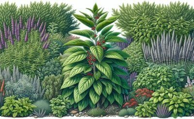 Illustration of a vibrant and flourishing garden with diverse herbs, including ashwagandha