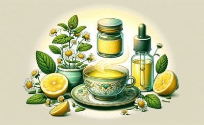 Illustration of various lemon balm products including tea, cream, and essential oil
