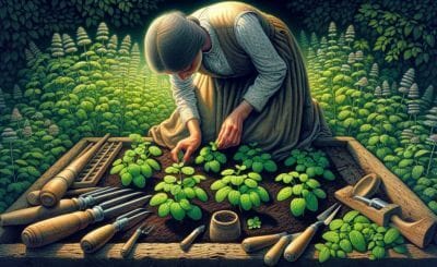 Illustration of a person planting lemon balm seeds in a garden