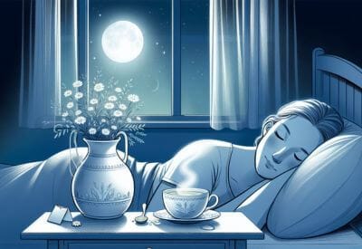  illustration of a person enjoying a peaceful sleep after drinking chamomile tea