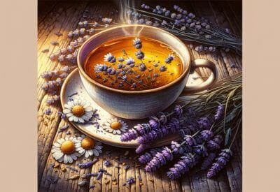 Illustration of a cup of chamomile tea with lavender