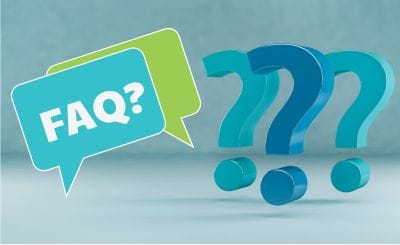 Frequently asked questions sign in hues of blue with large question marks on the side