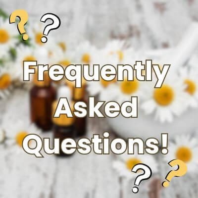 Frequently asked questions with blurred background of chamomile flowers and oil bottles