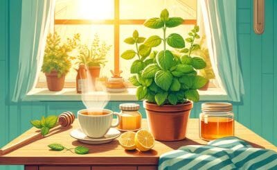 Illustration of kitchen table with tea, lemon balm, and honey