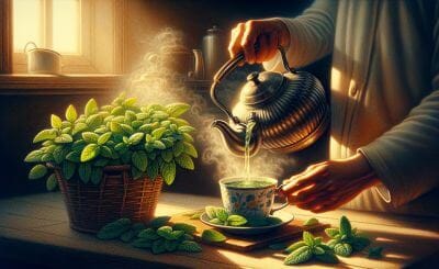 Illustration of a person brewing lemon balm tea in a cup