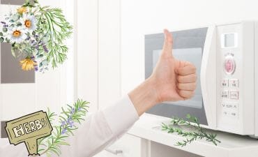 Hand with thumbs up in front of a microwave and scattered herbs around