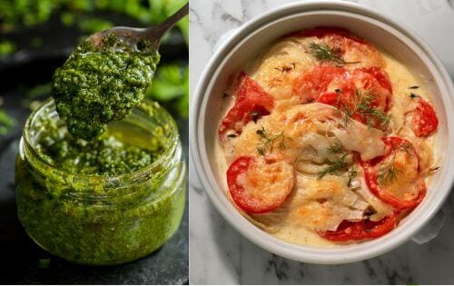 Fennel pesto on left and as garnish for fish dish on right