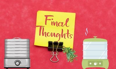 Image with 2 graphic dehydrators and sign "Final Thoughts" in the center on red background