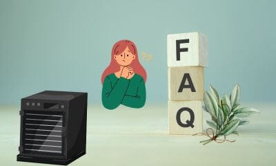 Graphic image of girl in center; graphic image of dehydrator on left with FAQ on blocks to the right