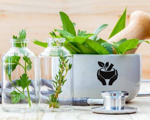 Mortar/pestle with herbs and clear bottles next to it with herbs