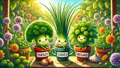 AI generated image of personified parsley, chives and oregano together