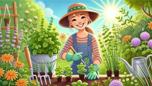 AI generated image of girl happily planting oregano with chives