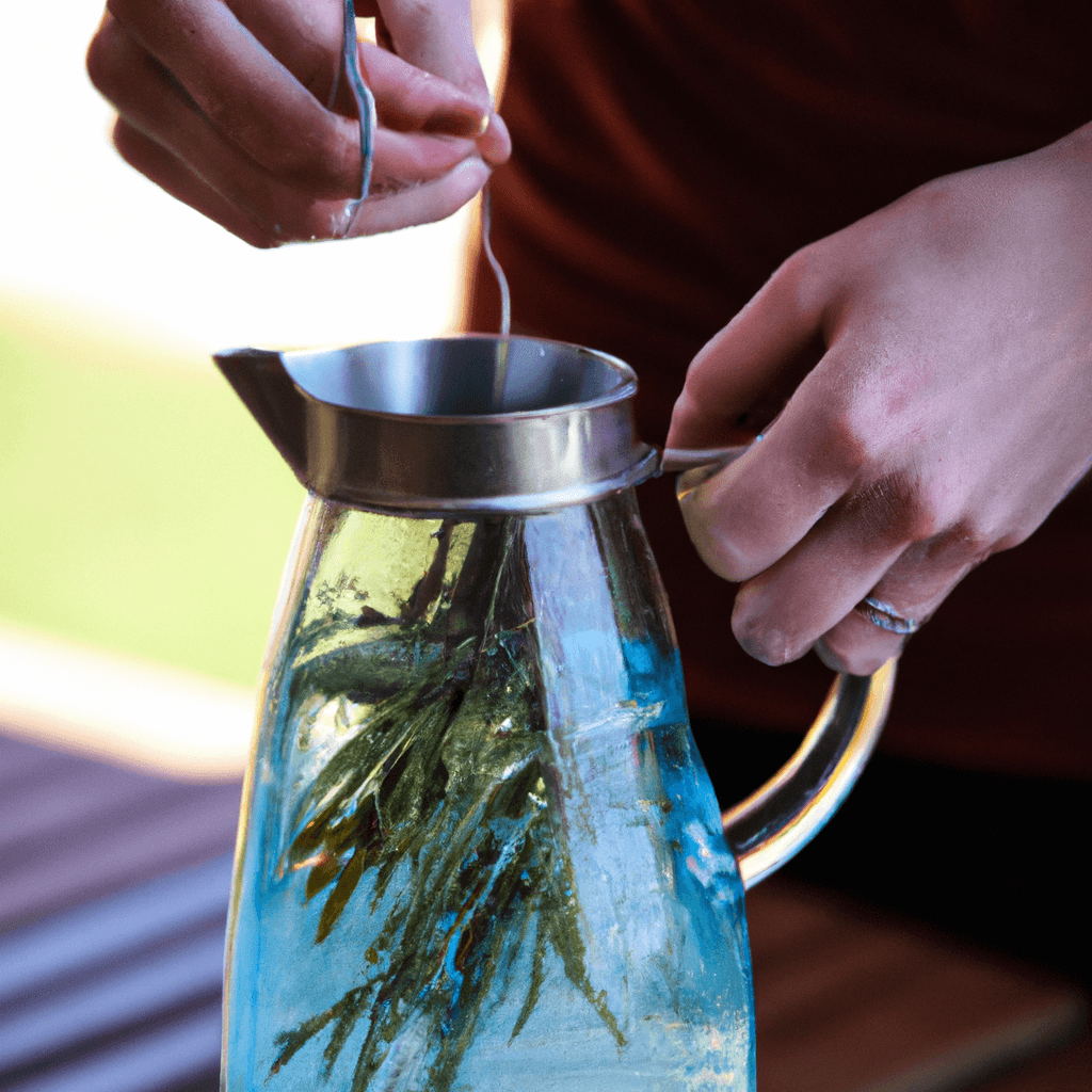 Person holding a rosemary sprig to drop in a pitcher of water