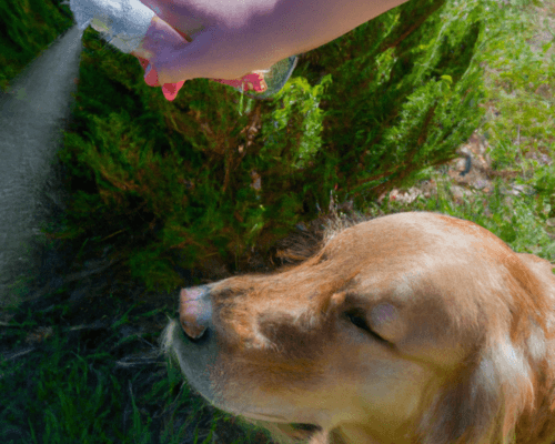 Person getting ready to spray a golden retriever with rosemary water