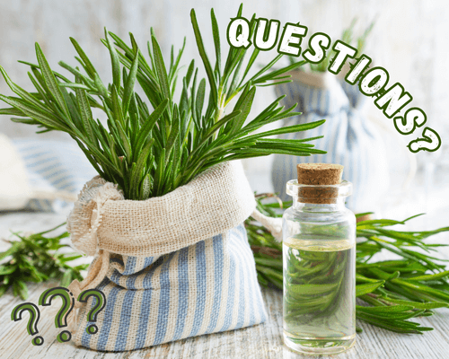 Bundle of rosemary in blue striped bag with a jar of rosemary water beside it