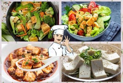 Four images of cooked tofu in different dishes